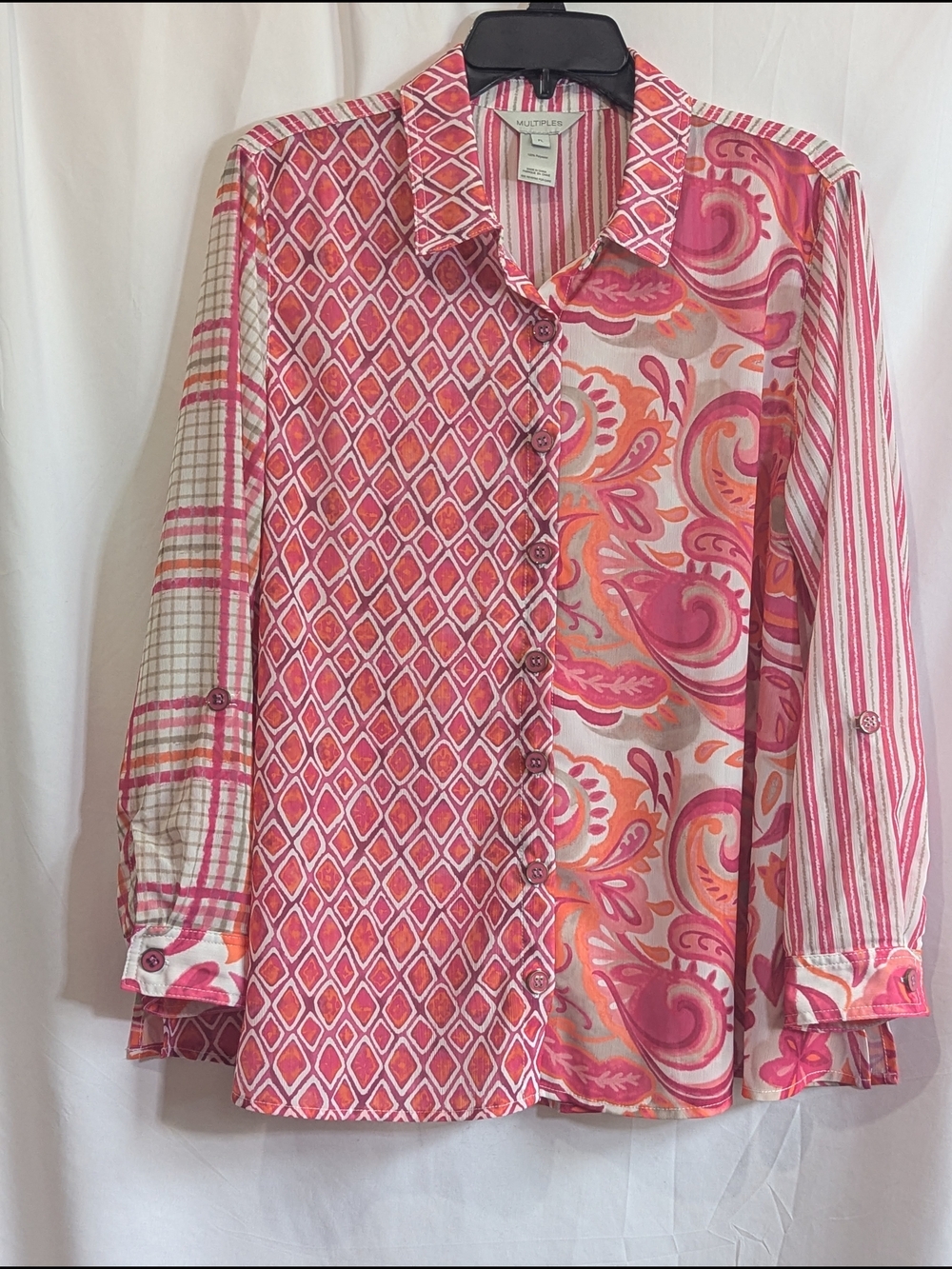 Multiples Petite Large Pink Orange Paisley Mixed Print Button Front Blouse